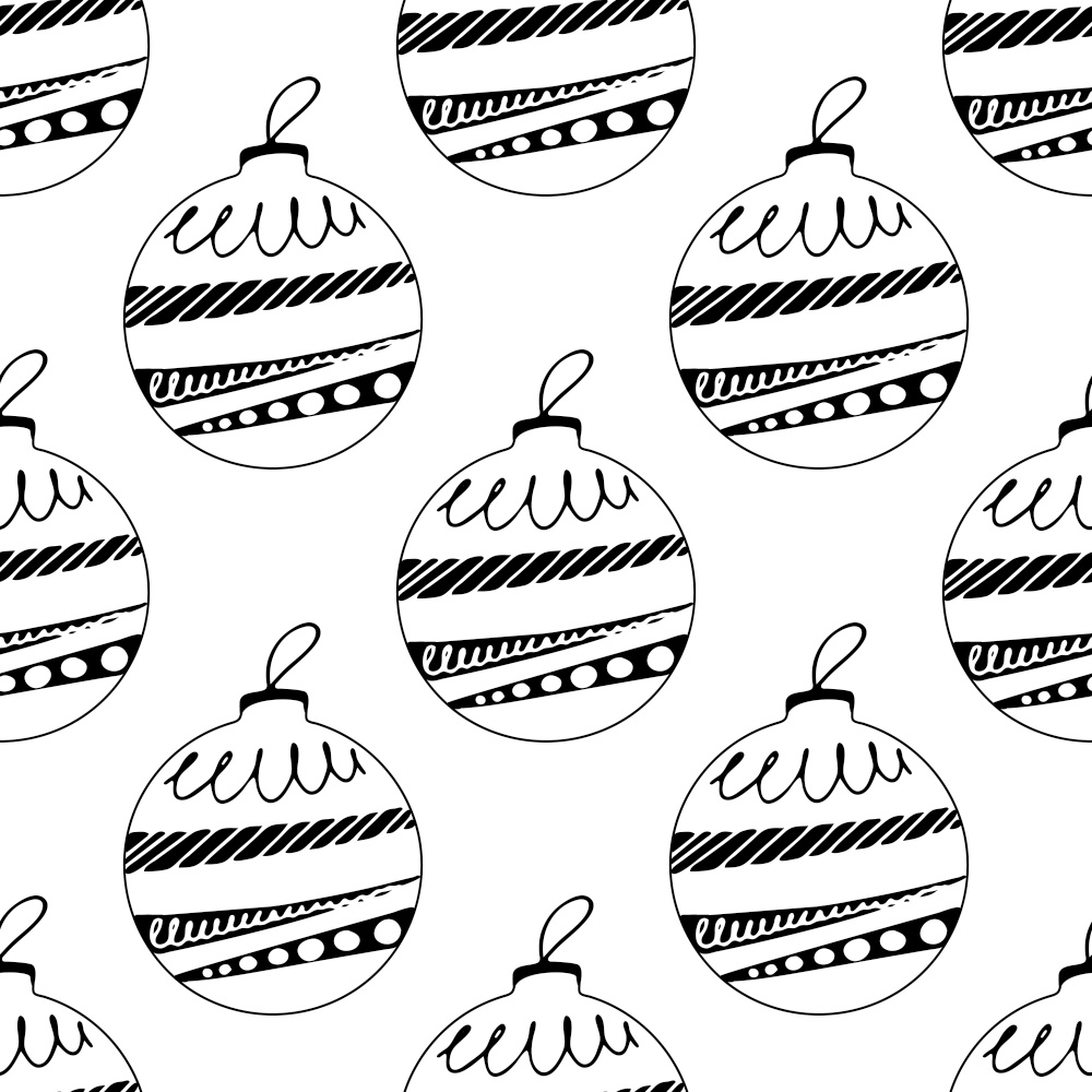 Seamless pattern made frome hand drawn Christmas tree balls with doodle elements. Isolated on white background. Vector stock illustration.. Seamless pattern made frome hand drawn Christmas tree balls with doodle elements. Isolated on a white background. Vector stock illustration.