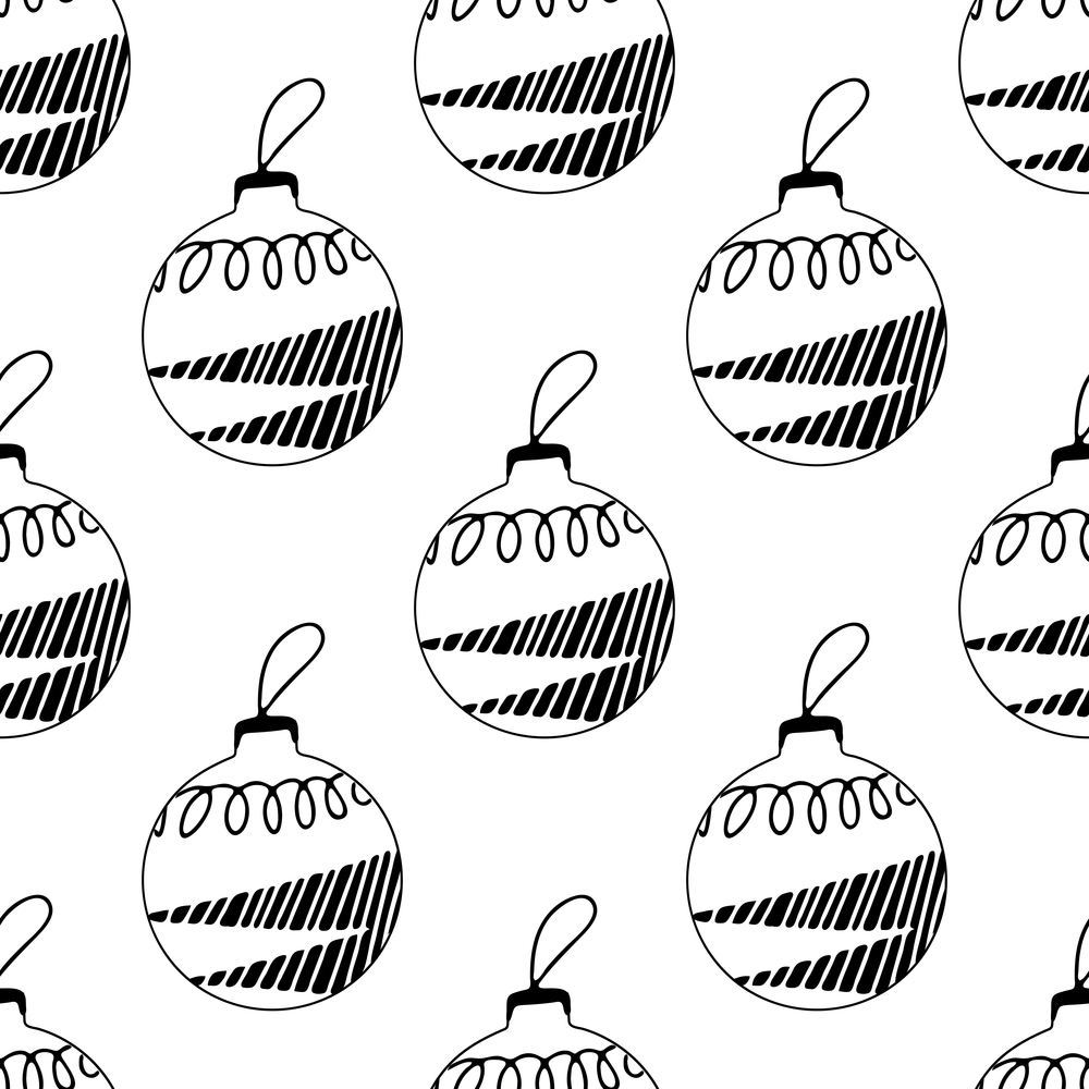 Seamless pattern made frome hand drawn Christmas tree balls with doodle elements. Isolated on white background. Vector stock illustration.. Seamless pattern made frome hand drawn Christmas tree balls with doodle elements. Isolated on a white background. Vector stock illustration.