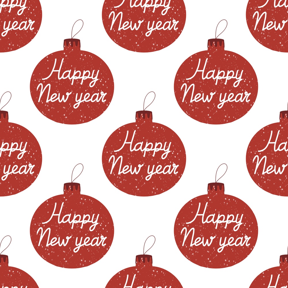 Seamless pattern made from hand drawn Christmas tree balls with snowing effect and Happy New Year lettering inside. Isolated on white background.. Seamless pattern made from hand drawn Christmas tree balls with snowing effect and Happy New Year lettering inside. Isolated on a white background.