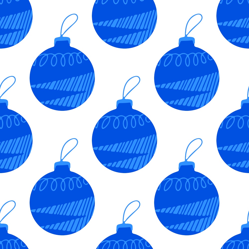 Seamless pattern made frome hand drawn blue Christmas tree ball with doodle elements. Isolated on white background.. Seamless pattern made from hand drawn blue Christmas tree ball with doodle elements. Isolated on a white background.