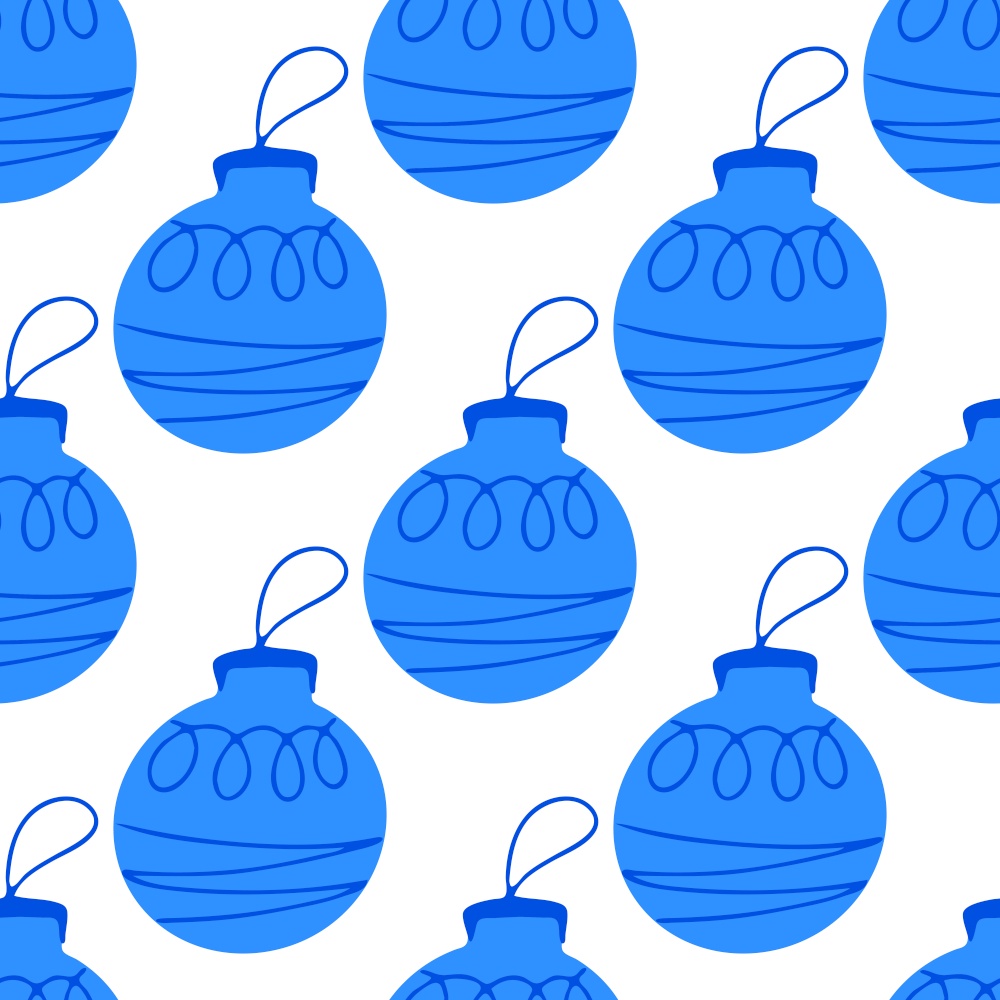 Seamless pattern made frome hand drawn blue Christmas tree ball with doodle elements. Isolated on white background.. Seamless pattern made from hand drawn blue Christmas tree ball with doodle elements. Isolated on a white background.