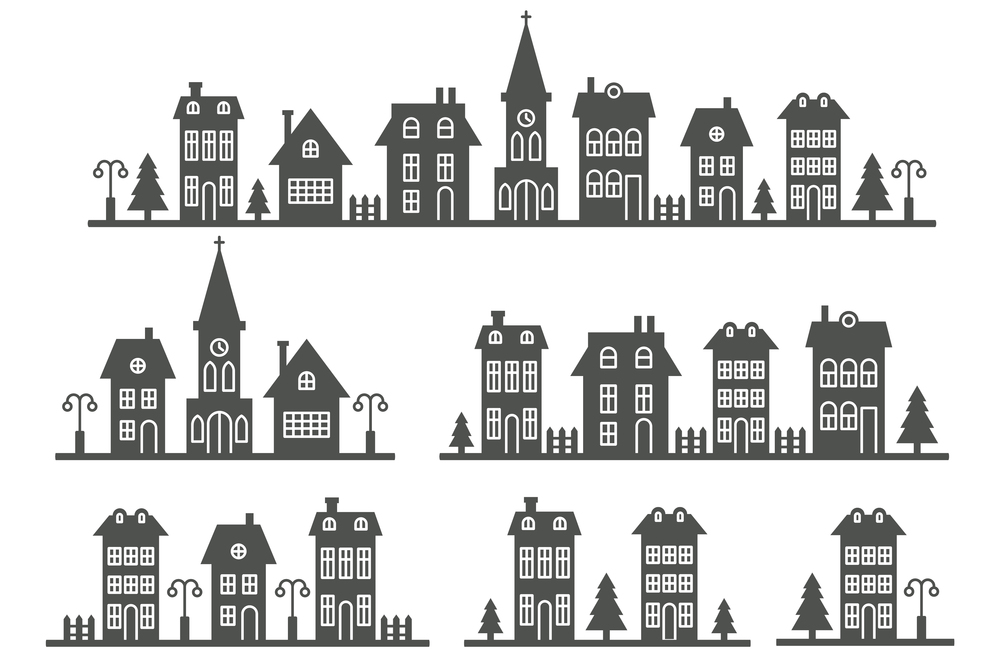 Suburban neighborhood landscape. Silhouette of houses and church on the skyline. Countryside cottage homes. Glyph vector illustration. Suburban neighborhood landscape. Silhouette of houses and church on the skyline. Countryside cottage homes. Glyph vector illustration.