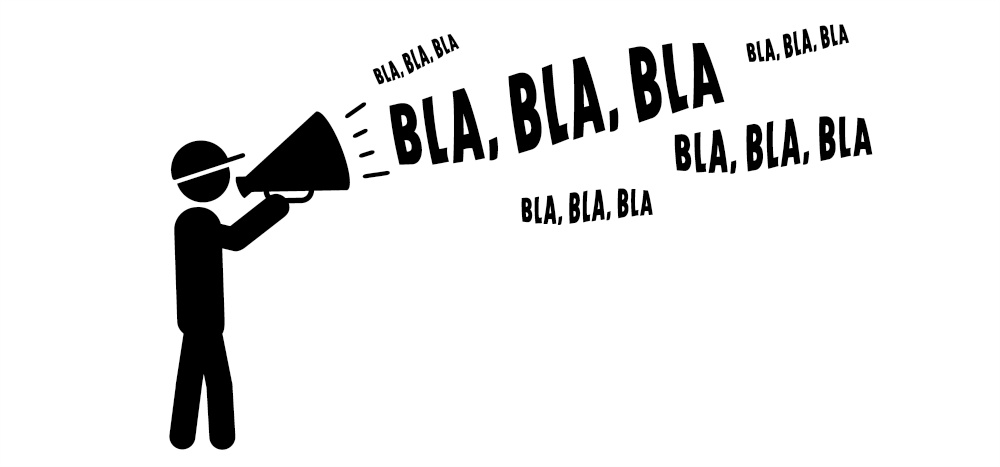 Cartoon stickman, stick figure man speakint in to the megaphone and saying bla, bla, bla or hot news or breaking news. Loudspeaker symbol. Walk or walking for protest or social media, journalism idea. Live news information.