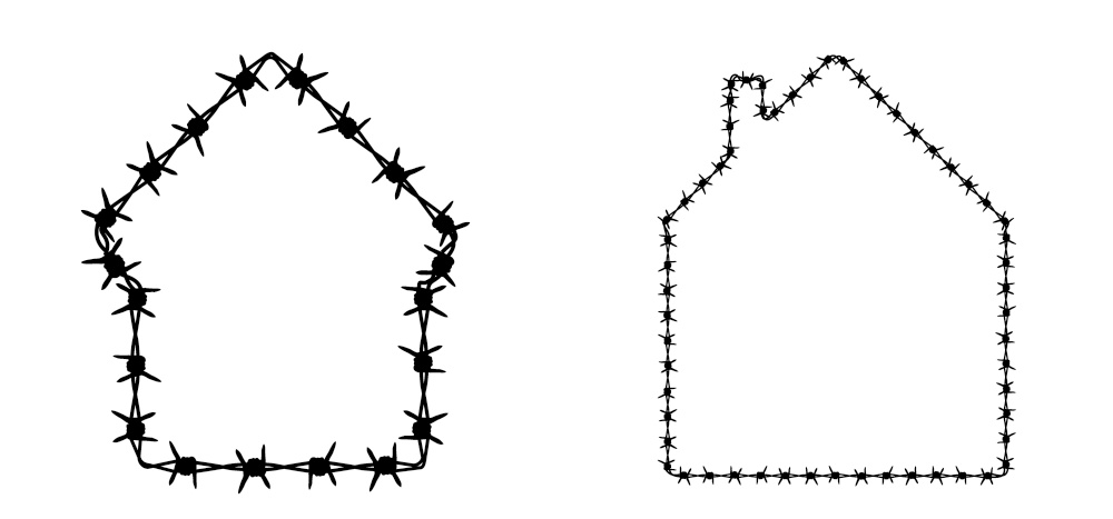 Cartoon Home, speed bubble or speech bubble and rusty barbed wire. House, family wired or wires sign. For freedom or repression. Barbed icon Fence idea. Security purposes. Prison building