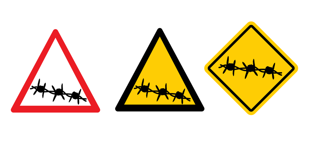 Warning or danger of sign barbed wire. Wired or wires signboard. For freedom or repression. Barbed icon Fence idea. Stop, security purposes. Prison building. No ban zone. look after logo