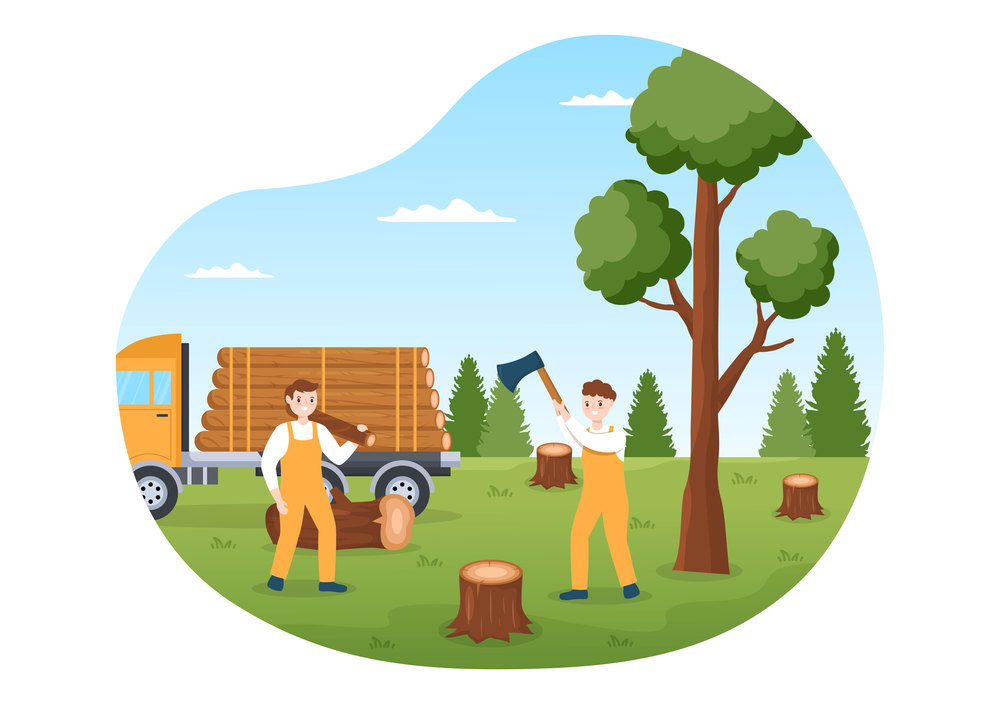 People Tree Cutting and Timber with Truck, Chainsaw Wooden and Tools Logging in the Forest on Flat Cartoon Hand Drawn Templates Illustration