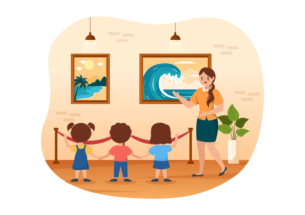 Art Gallery of Kids Museum Visitors View Exhibition of Modern Abstract Paintings in Contemporary in Flat Cartoon Hand Template Illustration