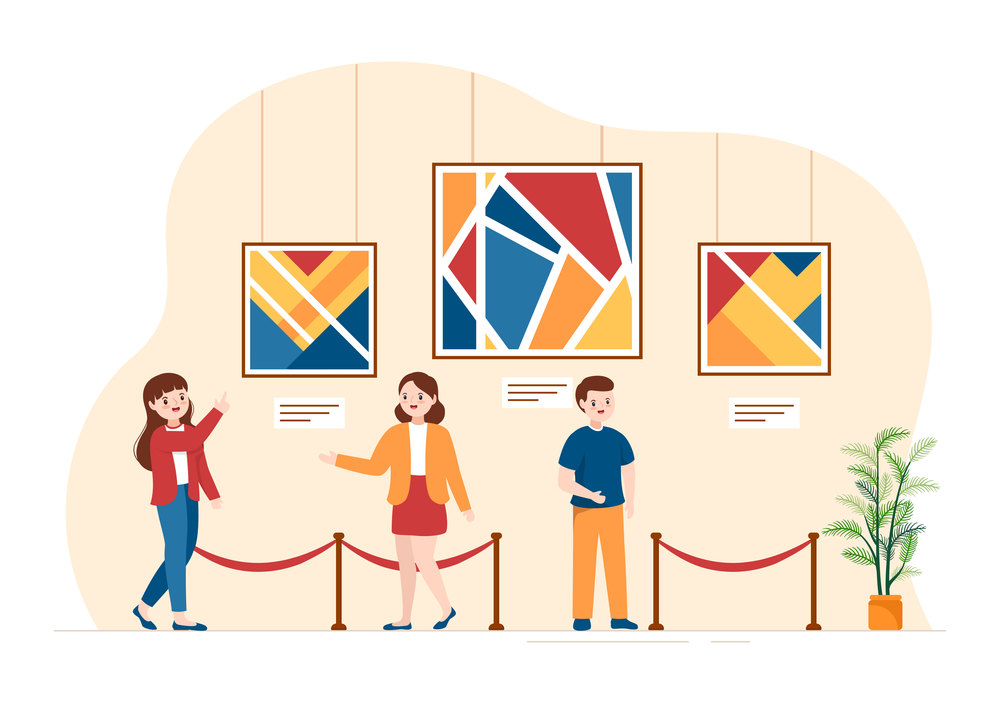 Art Gallery on Museum of Exhibition Visitors Viewing Modern Abstract Paintings at Contemporary and Photo in Flat Cartoon Hand Template Illustration