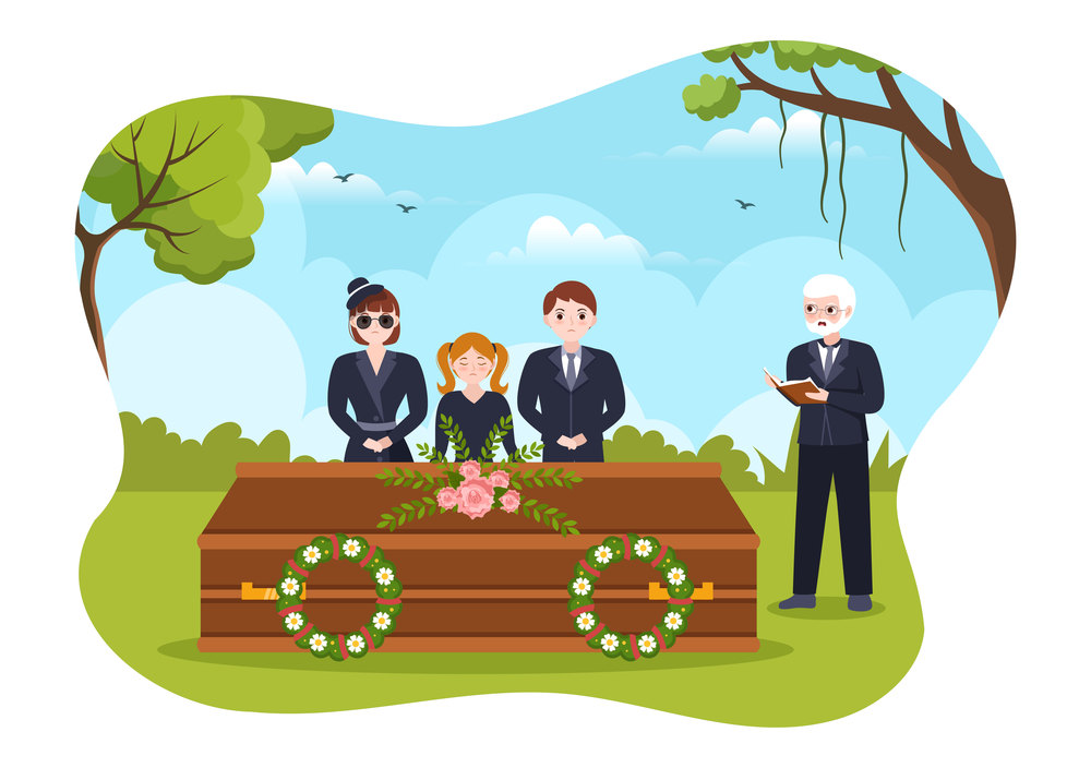 Funeral Ceremony in Grave of Sad People in Black Clothes Standing and Wreath Around Coffin in Flat Cartoon Hand Drawn Template Illustration