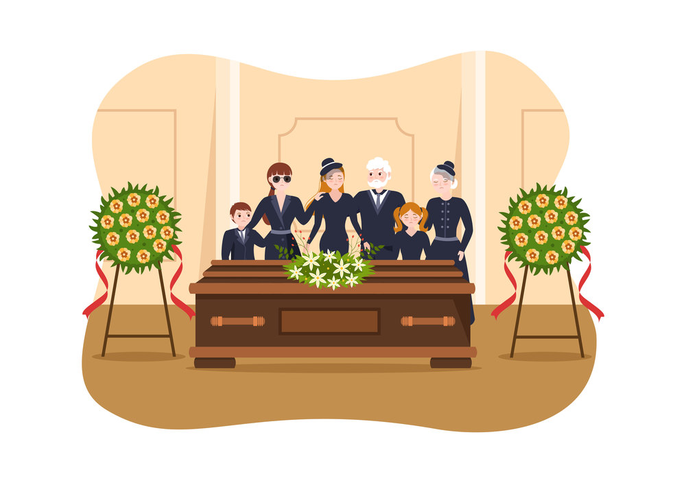 Funeral Ceremony in Grave of Sad People in Black Clothes Standing and Wreath Around Coffin in Flat Cartoon Hand Drawn Template Illustration