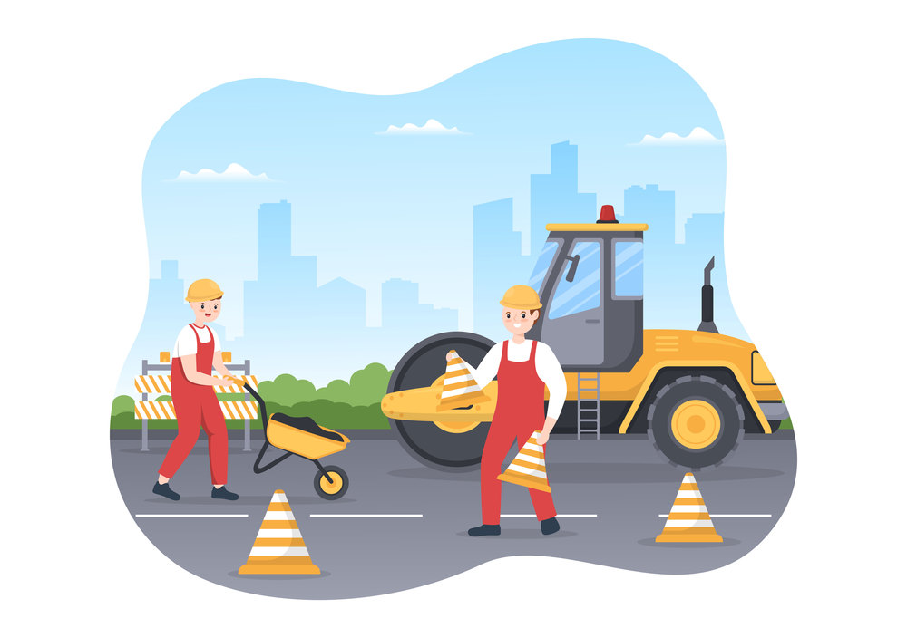 Road Construction and Highway Maintenance Workers Working on Asphalt Roads with Drilling Machine on Flat Cartoon Hand Drawing Template Illustration