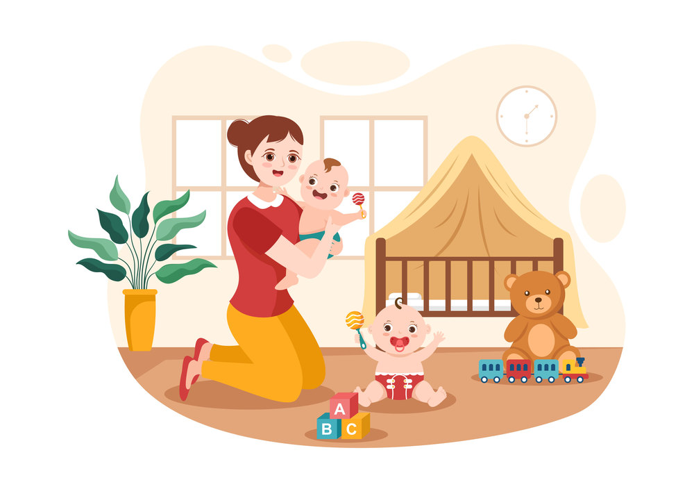 Babysitter or Nanny Services to Care for Provide for Baby Needs and Play with Children on Flat Cartoon Hand Drawn Template Illustration