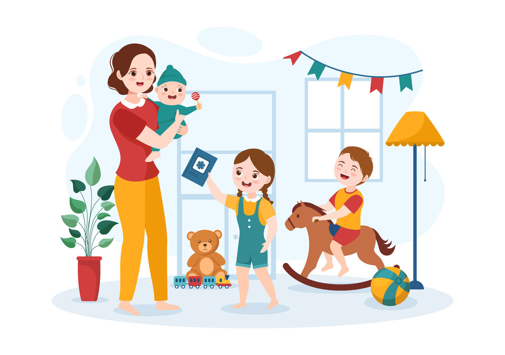 Babysitter or Nanny Services to Care for Provide for Baby Needs and Play with Children on Flat Cartoon Hand Drawn Template Illustration