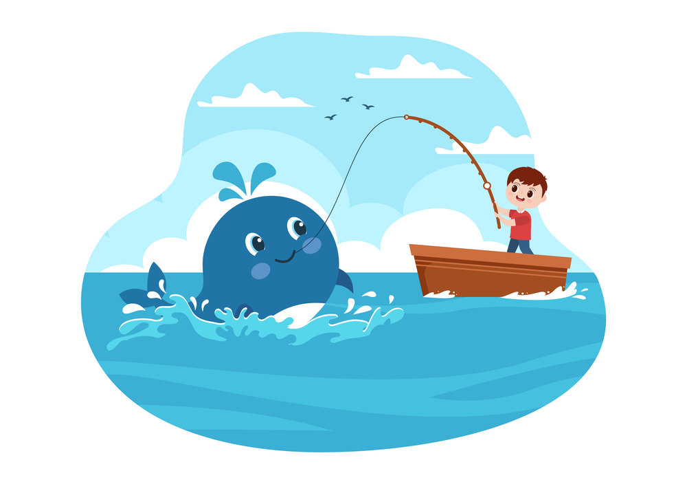 Whale Hunting with Whale and Cute Little Kid in the Middle of the Deep Sea for Sale in Hand Drawn Flat Cartoon Templates Illustration