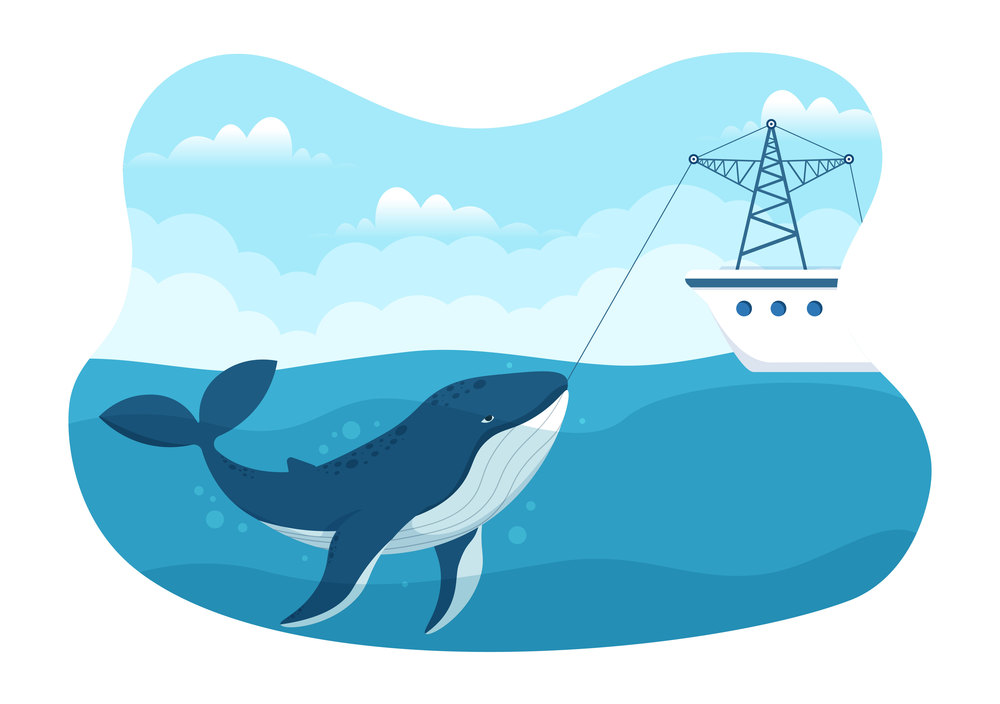 Whale Hunting with Whales Caught by Fisherman in the Middle of the Deep Sea for Sale in Hand Drawn Flat Cartoon Templates Illustration
