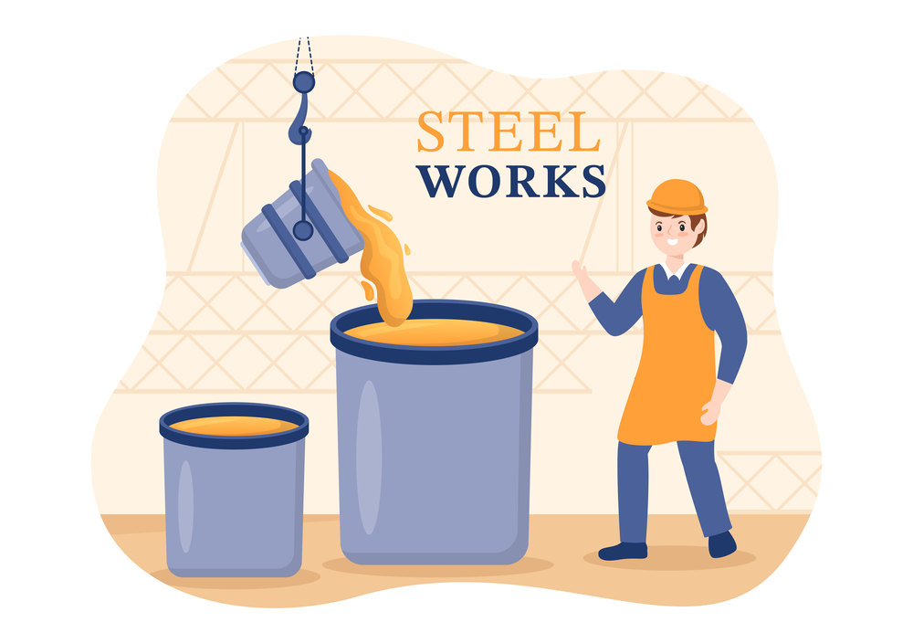 Steelworks with Resource Mining, Smelting of Metal in Big Foundry and Hot Steel Pouring in Flat Cartoon Hand Drawn Templates Illustration