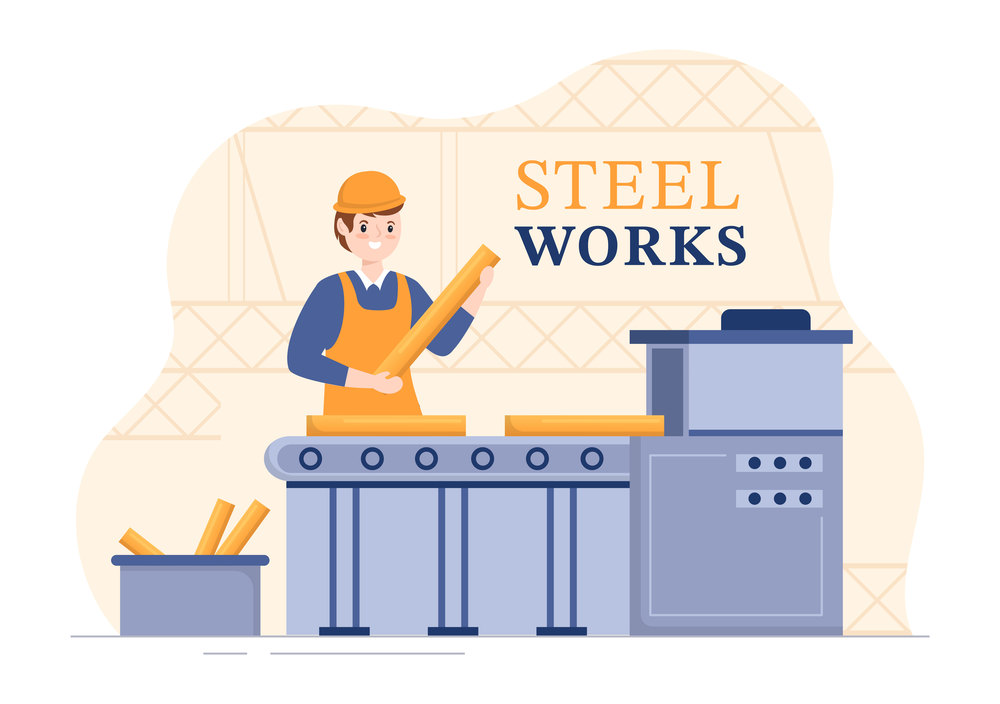 Steelworks with Resource Mining, Smelting of Metal in Big Foundry and Hot Steel Pouring in Flat Cartoon Hand Drawn Templates Illustration