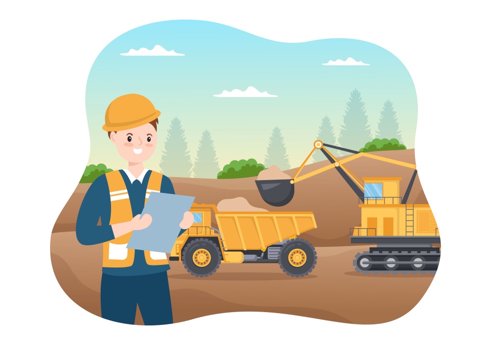 Mining Company with Heavy Yellow Dumper Trucks for Coal Mine Industrial Process or Transportation in Flat Cartoon Hand Drawn Templates Illustration