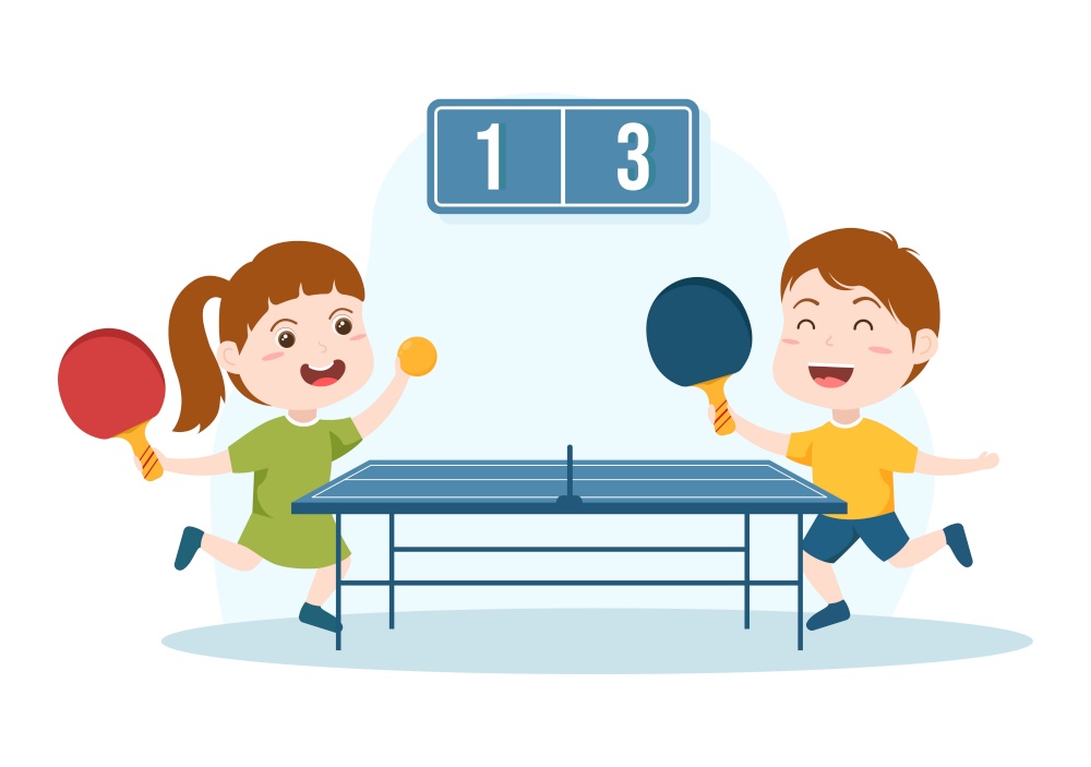 Cute Kids Playing Table Tennis Sports with Racket and Ball of Ping Pong Game Match in Flat Cartoon Hand Drawn Templates Illustration