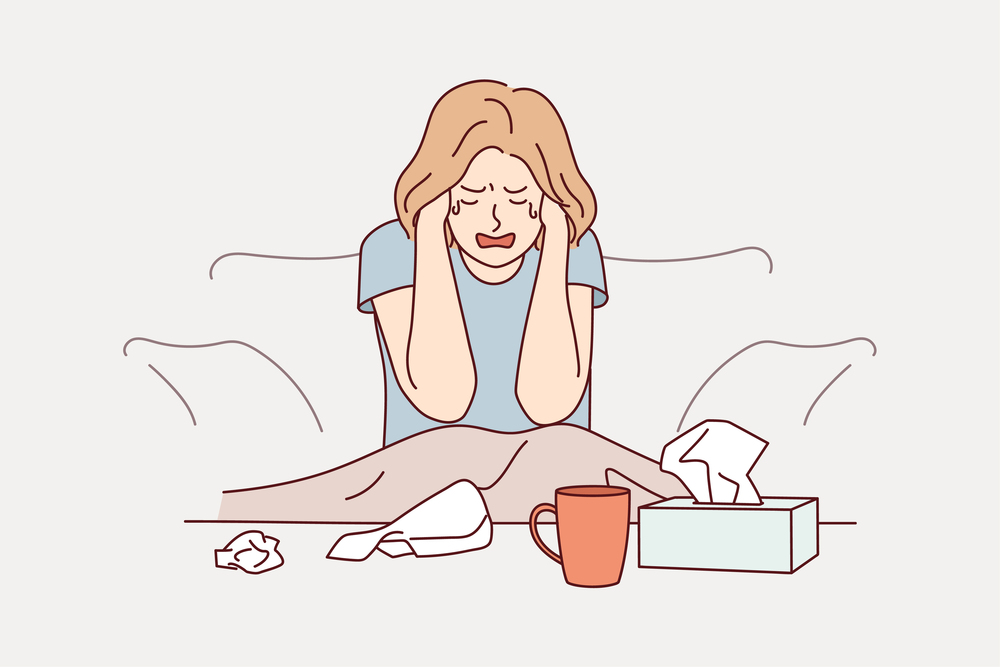 Unhappy young woman sit on couch at home crying suffering from depression or life problems. Sad girl feel down distressed alone. Breakup and mental trouble. Vector illustration. . Unhappy woman crying at home