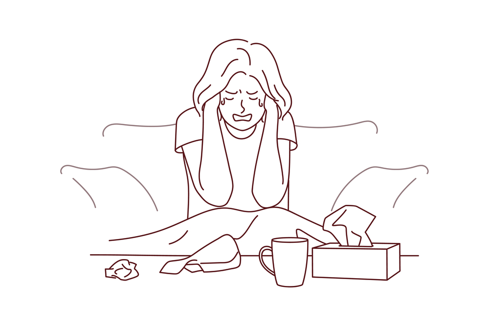 Unhappy young woman sit on couch at home crying suffering from depression or life problems. Sad girl feel down distressed alone. Breakup and mental trouble. Vector illustration. . Unhappy woman crying at home