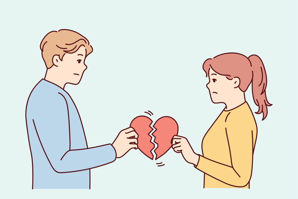 Unhappy couple holding broken heart suffer after breakup or split. Upset man and woman break up relationships. Love end and family divorce. Vector illustration. . Unhappy couple holding broken heart