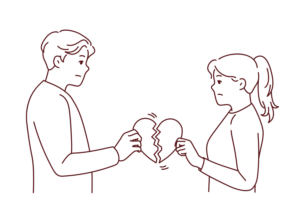 Unhappy couple holding broken heart suffer after breakup or split. Upset man and woman break up relationships. Love end and family divorce. Vector illustration. . Unhappy couple holding broken heart