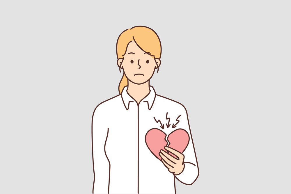 Unhappy woman stand holding broke heart suffer from breakup. Upset female struggle with separation or split. Relationship end. Vector illustration.. Unhappy woman with broken heart