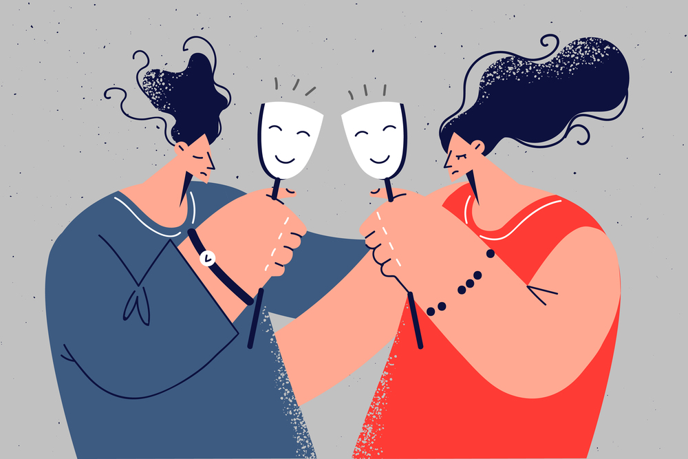 Unhappy couple hide under happy masks suffer from relationships problems. Man and woman hiding feeling struggle with relations trouble. Vector illustration.. Unhappy couple hide feelings under masks