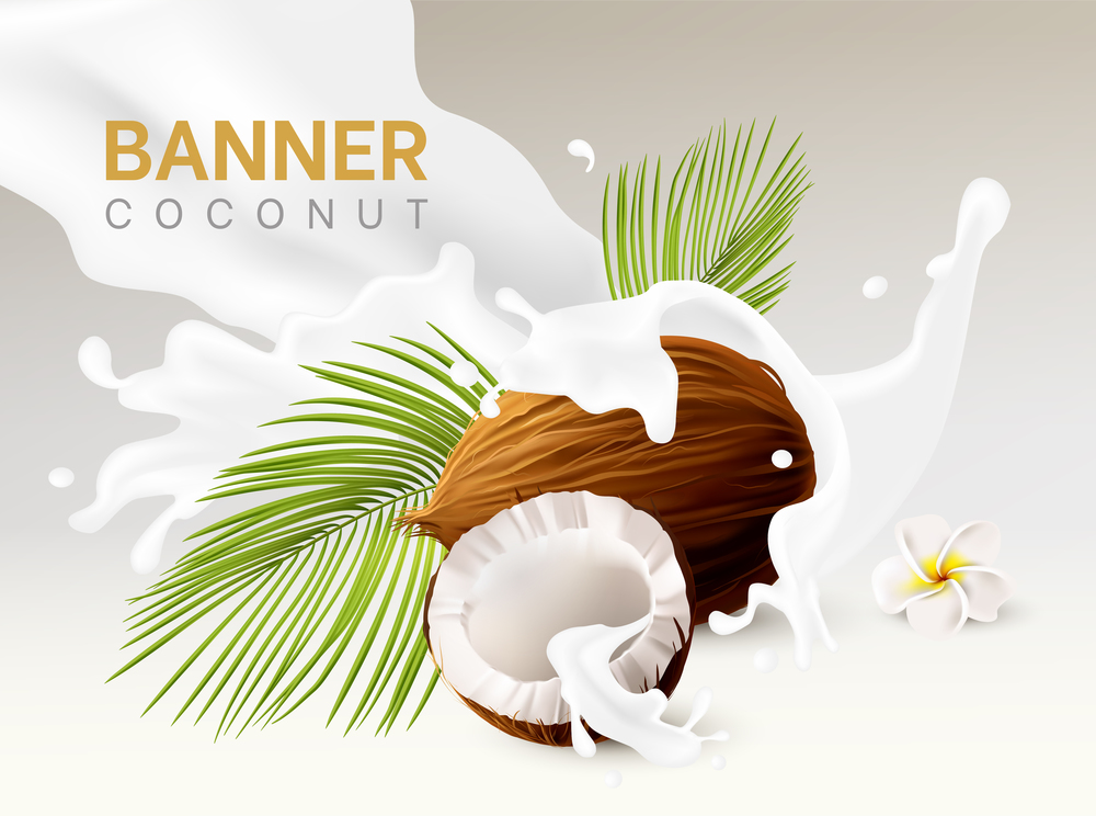 Coconut milk banner, coco realistic white liquid splashes, 3d whole and half nuts, palm leaves. Creamy cosmetic natural background with plants and flowers. Isolated composition. Vector illustration. Coconut milk banner, coco realistic white liquid splashes, 3d whole and half nuts, palm leaves. Creamy cosmetic natural background with plants. Isolated composition. Vector illustration