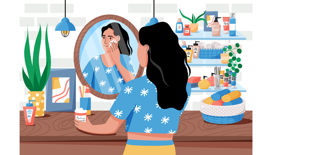 Everyday skincare. Woman cleansing face skin. Reflection in mirror. Bathroom care. Young girl daily morning routine. Clean hygiene. Moisturizing cream. Restroom interior. Vector cartoon illustration. Everyday skincare. Woman cleansing skin. Reflection in mirror. Bathroom care. Young girl morning routine. Clean hygiene. Moisturizing cream. Restroom interior. Vector cartoon illustration