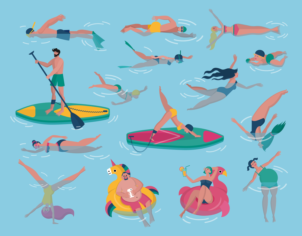 People swim in pool. Exercise in water. Persons diving or lying on inflatable mattress. Sport board icon. Fitness cap. Male in goggles. Healthy lifestyle. Happy swimmers set. Vector flat illustration. People swim in pool. Exercise in water. Persons diving or lying on inflatable mattress. Fitness cap. Male in goggles. Sport board icon. Happy swimmers set. Vector flat illustration