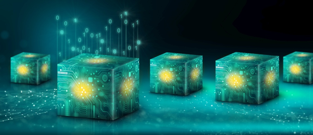 Cube technology on Converging point of circuit with Abstract blue background. Blockchain Network System. Big data storage processing, Cloud data, Internet Security, and Digital Technology. 3D render.