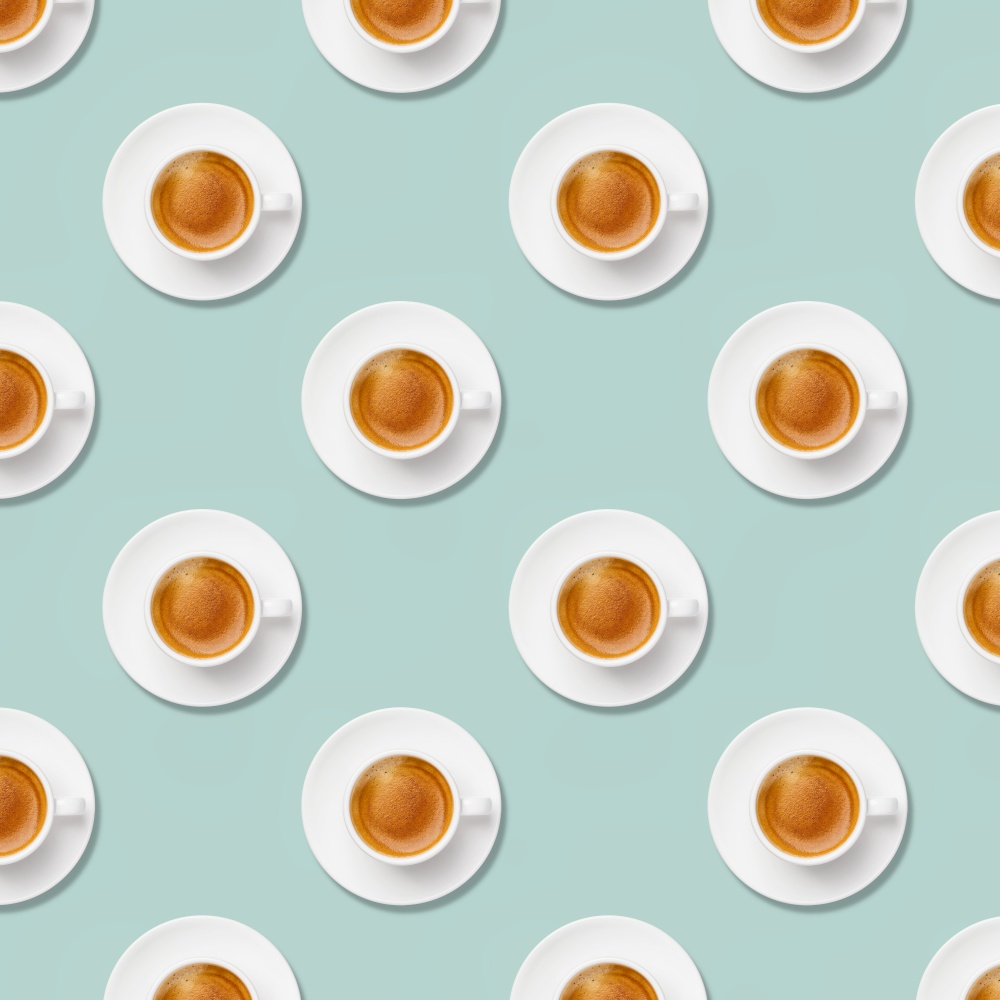 Coffee pattern. Cup of coffee on blue background. Minimal concept, square composition
