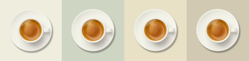 Coffee pattern. Cup of coffee on colorful background. Minimal concept banner