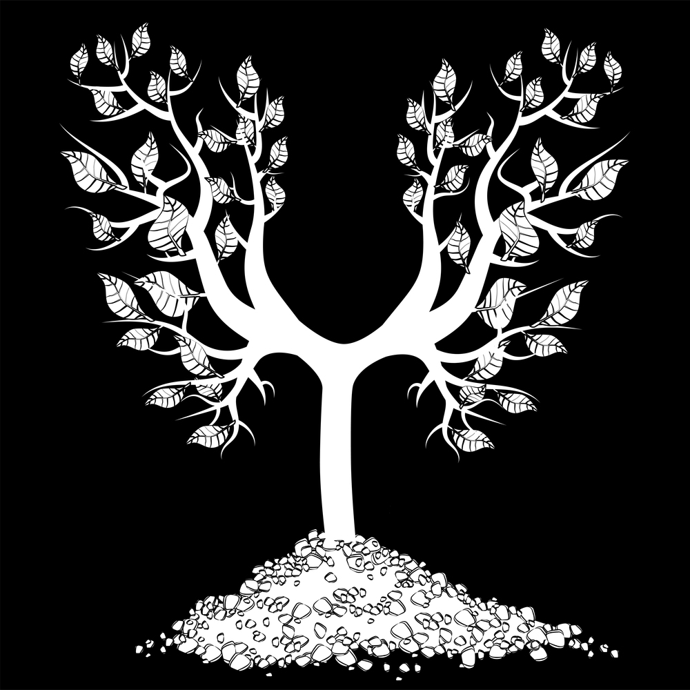 White silhouette of young tree with roots in pile of soil isolated on black background. Vector design element.. White silhouette of young tree with roots in pile of soil isolated on black background. Design element.