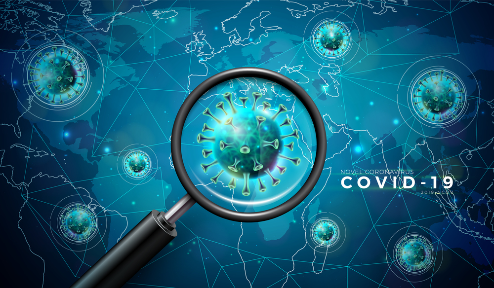 coronavirus outbreak design with virus cell and magnifying glass in microscopic view on world map background