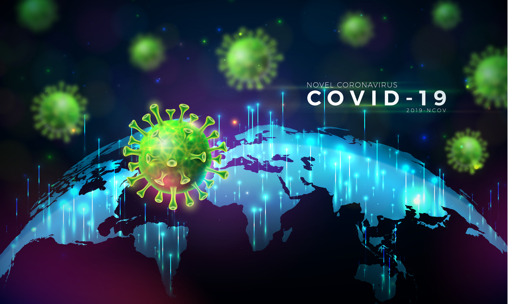 coronavirus outbreak design with virus cell in microscopic view on world map background