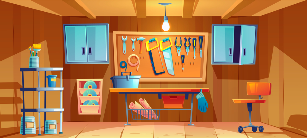 Garage interior with instruments tools for carpentry and repair works