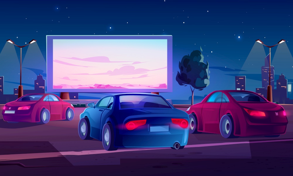Car street cinema drive-in theater with automobiles stand in open air parking at night