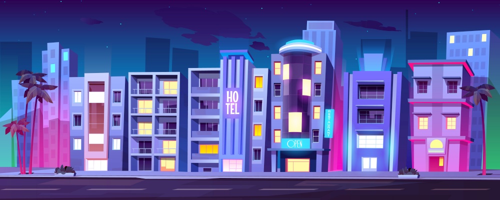 Night city buildings hotels at summer