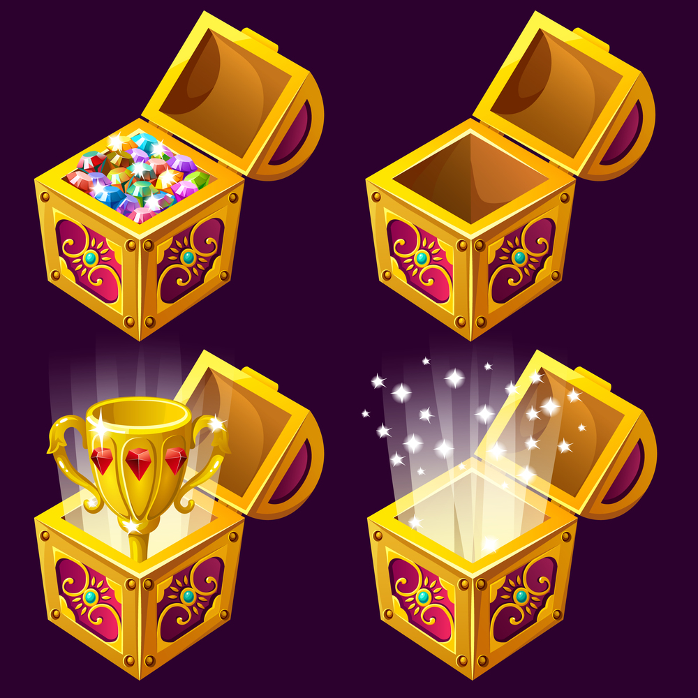 Cartoon wooden isometric chests with treasures