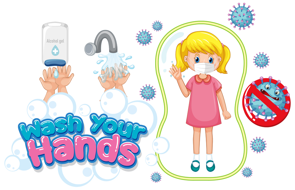 Wash your hands poster design with girl wearing mask