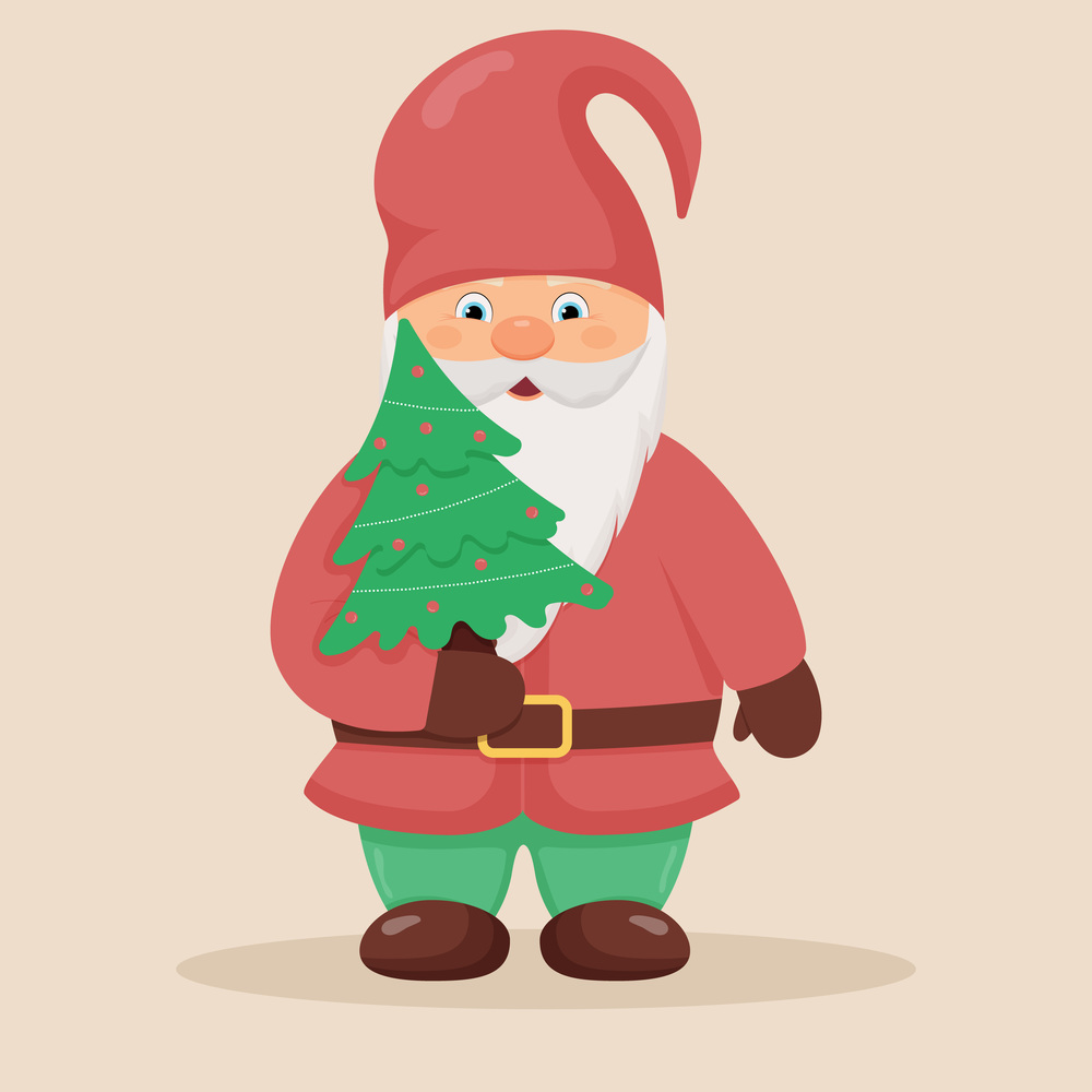 Cute little gnome with a christmas tree in his hands. Christmas and New Year character. Cute little gnome with a christmas tree in his hands. Christmas and New Year character.