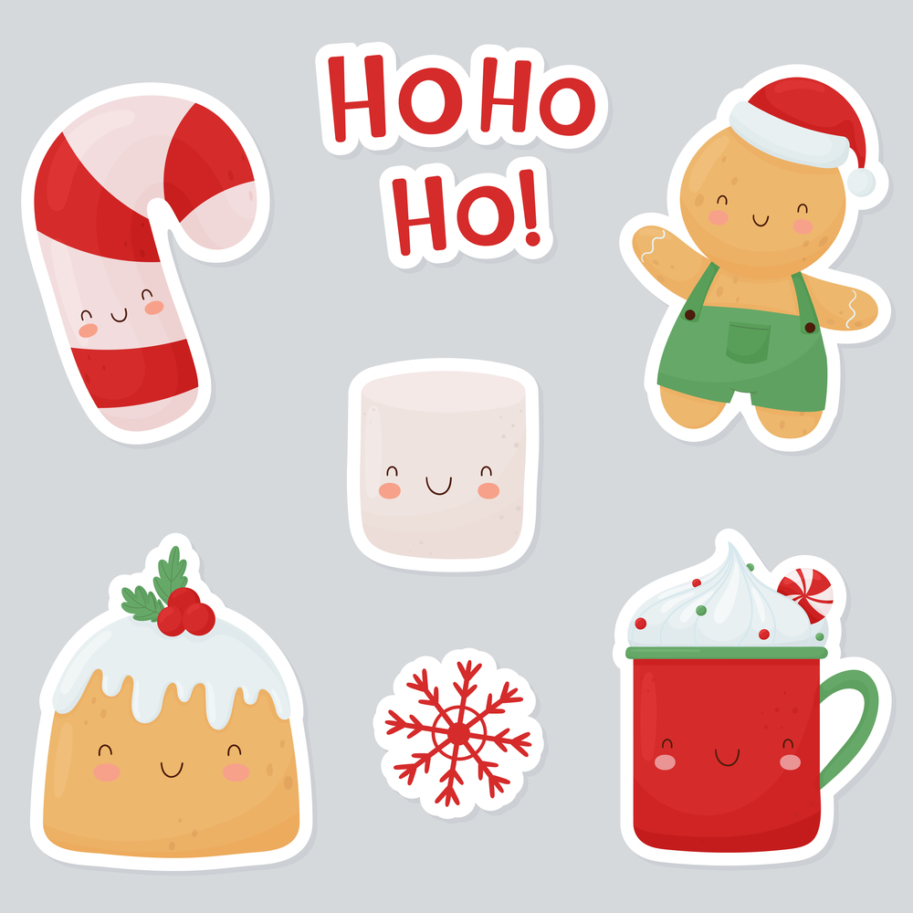 A set of bright Christmas stickers. Cute Christmas characters, cup, pie, marshmallow, candy cane, gingerbread man. Vector illustration in a flat style.. A set of bright Christmas stickers. Cute Christmas characters, cup, pie, marshmallow, candy cane, gingerbread man.
