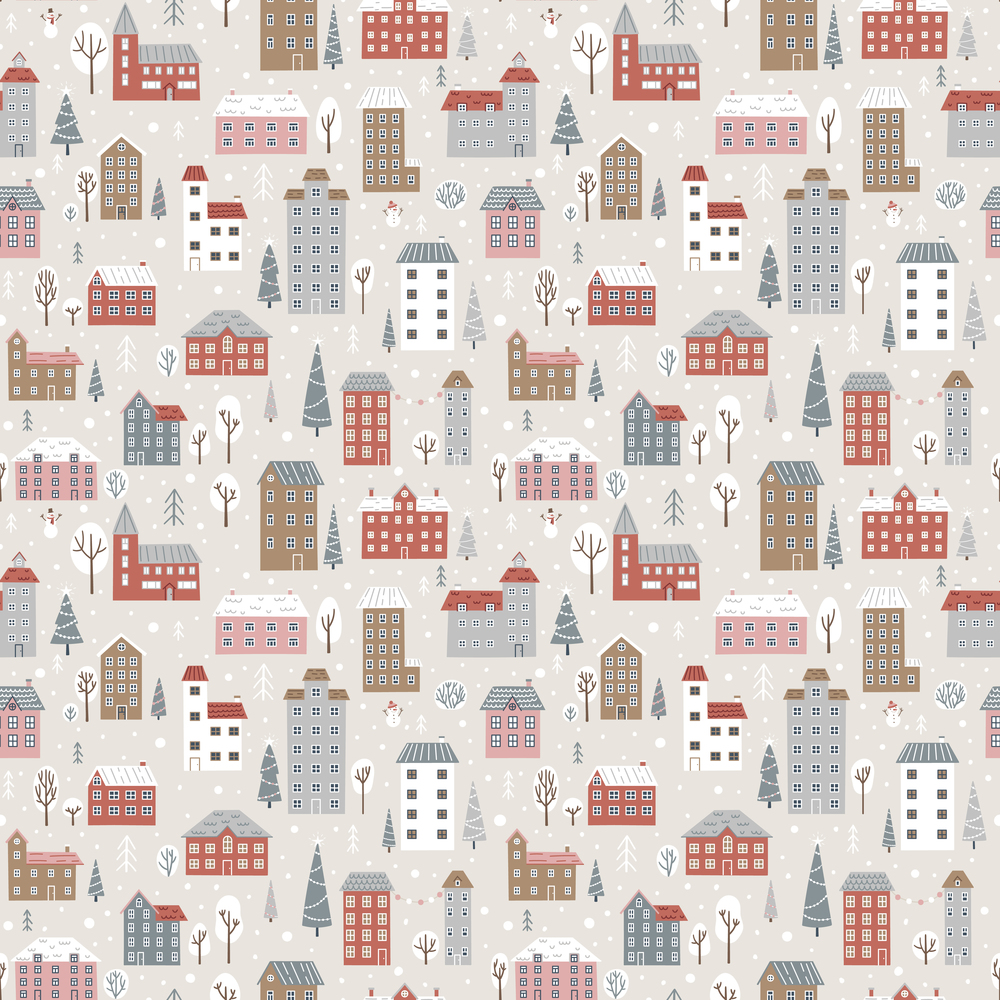 Winter seamless pattern with cute houses, fir trees and snowmen. Seamless vector background for winter and christmas holidays. Winter seamless pattern with cute houses, fir trees and snowmen.