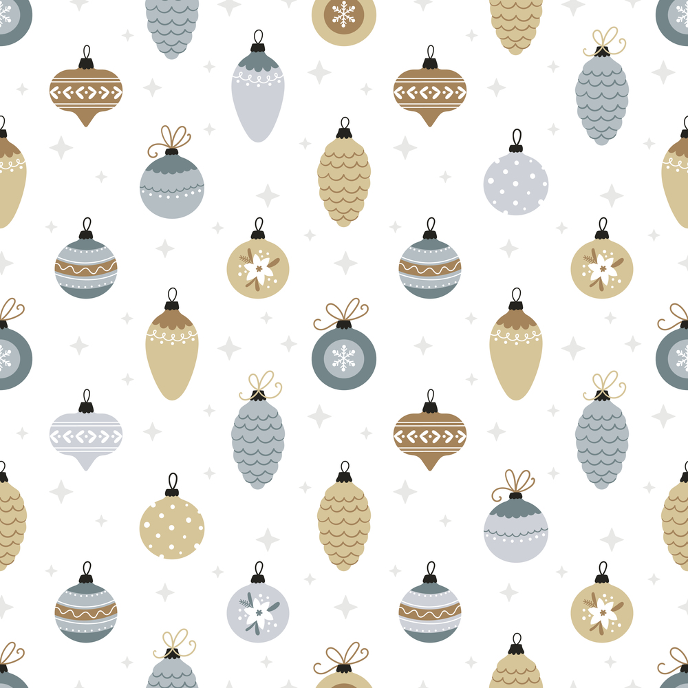 Seamless Christmas background with balls, bauble, stars on a white background. Scandinavian style. Perfect for winter holidays, Christmas wallpaper, wrapping paper, fabric. Vector illustration. Seamless Christmas background with balls, bauble, stars on a white background. Scandinavian style.