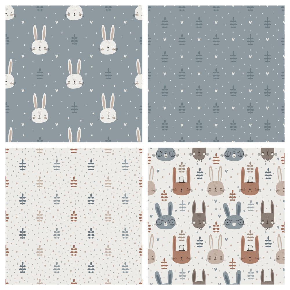 Seamless pattern with cute rabbits, leaves and hearts. Stylized print on fabric with plants and rabbits. Pastel palette. Vector seamless background.. Seamless pattern with cute rabbits, leaves and hearts. Stylized print on fabric with plants and rabbits.