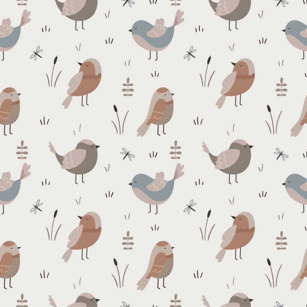 Seamless background with a variety of birds and plants. Stylized print on fabric. Pastel palette. Vector background.. Seamless background with a variety of birds and plants. Stylized print on fabric. Pastel palette.