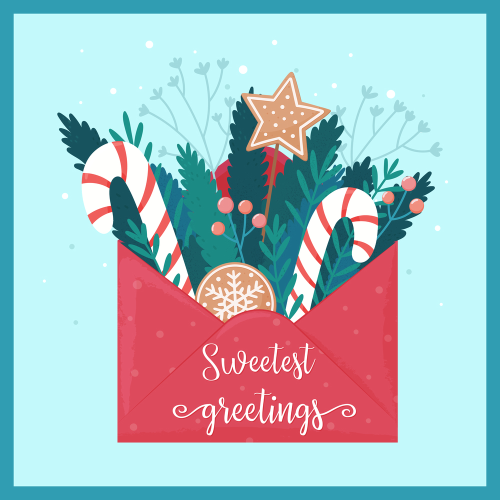 Christmas greeting card with envelope and Christmas sweets. Vector illustration in flat cartoon style.. Christmas greeting card with envelope and Christmas sweets.